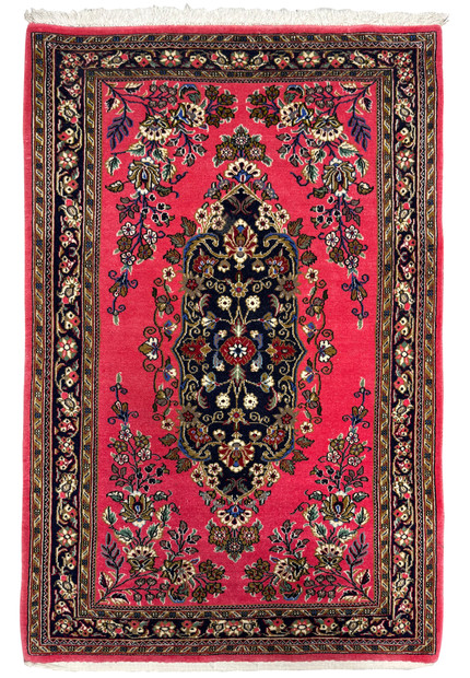 2'9 x 4'3 Persian Qum Kork Rug - Top View of Vibrant Red and Black Design