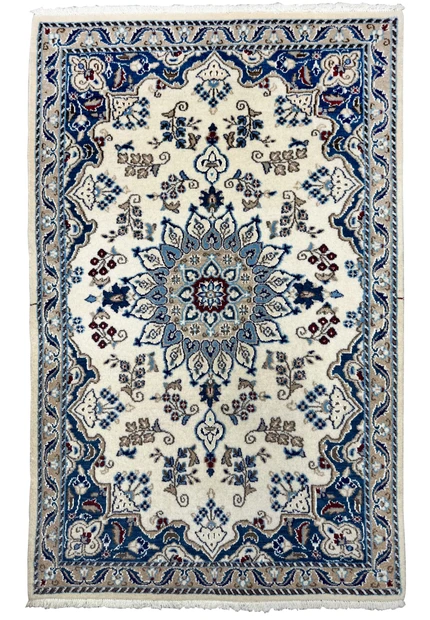 Full view of a 2'10 x 4'8 Persian Nain Rug with intricate ivory and blue design.