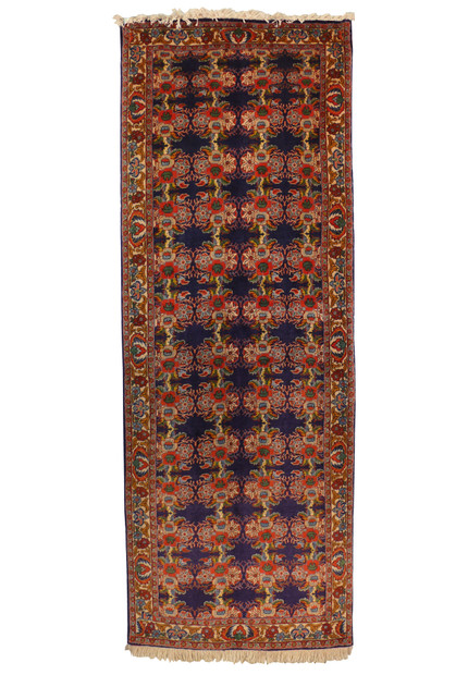 Full view of 2'6 x 7 Persian Bijar Runner showcasing navy blue base with intricate floral and vine patterns.