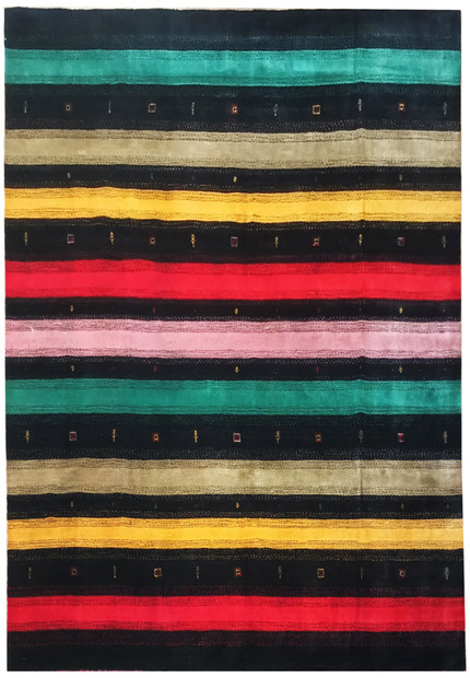 Full view of 8'3" x 9'11" colorful Gabbeh rug with vibrant stripes.