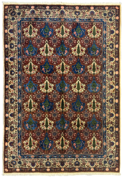 Full view of a 6'9 x 10'3 Persian Bakhtiar Rug, featuring intricate floral patterns, vines, trees, and birds in vibrant colors.