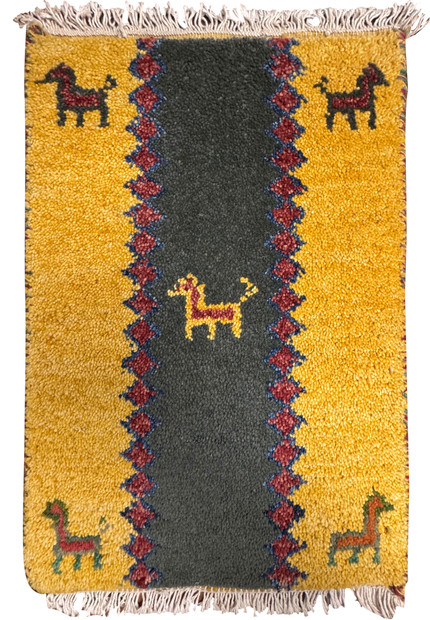 Full view of 1'3 x 2' Persian Gabbeh Poshti Rug with vibrant yellow, green, and red hues featuring animal motifs.