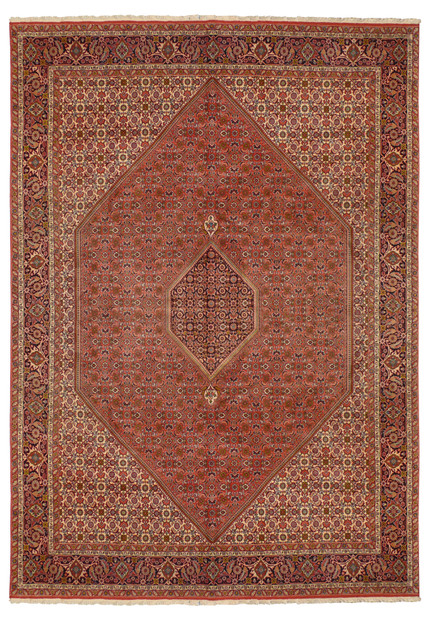 Full view of a handwoven 8 x 11 Persian Bijar Rug, featuring a large hexagonal medallion and intricate patterns.