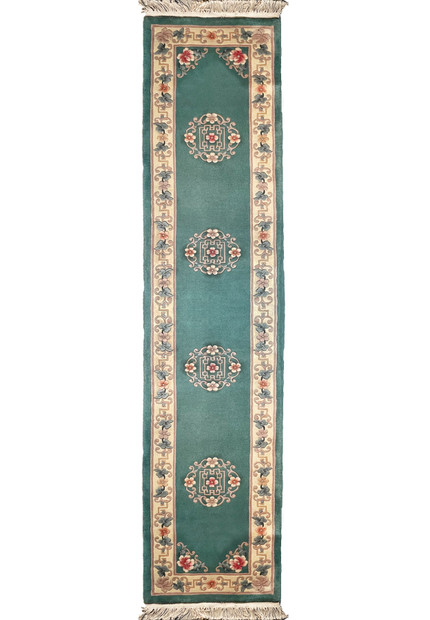 Full view of 2'3 x 10'2 Walter Nichols Art Deco Runner in teal with floral motifs and cream border.