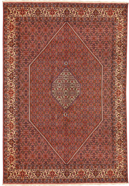 Full view of 8'4 x 11' Persian Bijar rug with central diamond medallion and intricate red field pattern