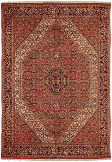 Full view of 8 x 11'5 Persian Bijar Rug showing traditional Herati design and rich red field.