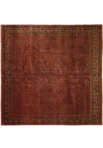 Antique 13x13 square Bijar Persian rug with rust red field and floral lattice design