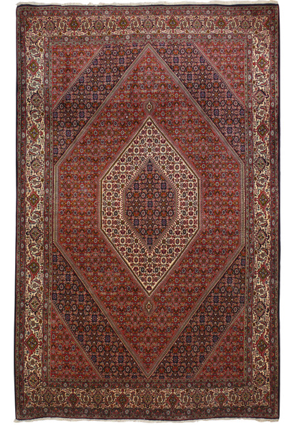 Full view of 6'8 x 10'6 Persian Bijar Rug with medallion and diamond design in red, navy, and ivory