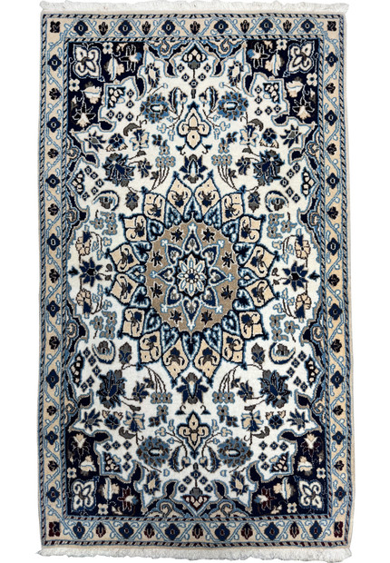 Full view of 2'9 x 4'10" Ivory Nain Persian Rug with ivory field and navy border