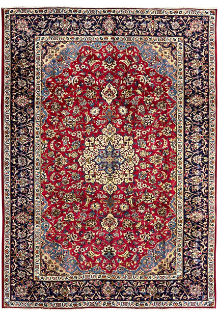 Full view of 8'5 x 11'8 Persian Isfahan rug showing red wool field, ivory medallion, and navy floral border.