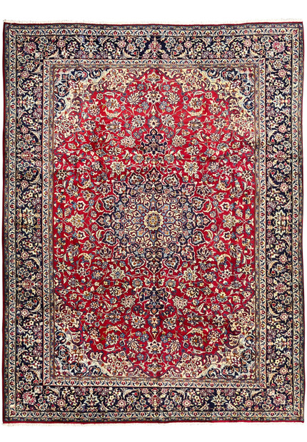 9'10 x 13'1 Persian Isfahan rug full view showing ruby red field, navy borders, floral motifs, and detailed central medallion