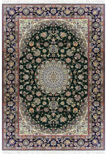 7x10 deep forest green Persian Nain 9LA rug with ivory medallion, navy floral border, fine wool and silk detail, hand knotted in Iran