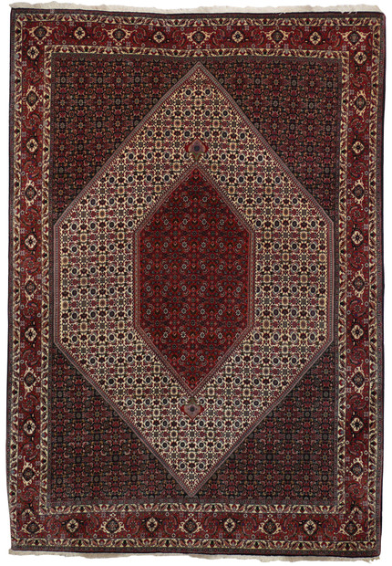 6'9 x 10 Persian Bijar rug full view with bold geometric medallion and red ivory field