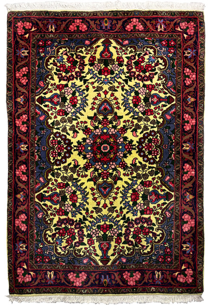 3'6 x 4'11 Persian Bijar floral rug with golden yellow field and deep red borders, hand knotted wool Persian rug showcasing dense Kurdish craftsmanship