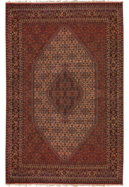 Full view of a 6'5 x 10 authentic Persian Bijar rug featuring a deep brick red field, ivory diamond medallion, dense floral motifs, and dark navy borders