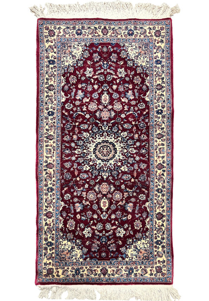 Full view of a 2'4 x 4'7 Persian Tabriz medallion rug with a rich burgundy field, ivory border, floral motifs, and balanced traditional layout