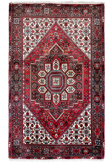 Full view of a 3'4 x 5'5 authentic Persian Gholtogh rug showing a deep red field, large octagonal medallion, ivory highlights, and dense tribal detailing