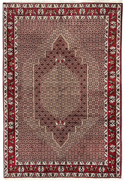 Full view of a 7'4 x 9'8 Persian Senneh rug with deep burgundy field, dense geometric patterning, stepped medallion, and ivory outlined motifs