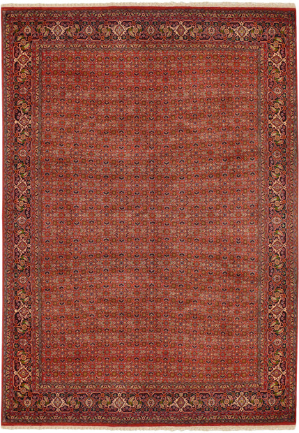 Full view of hand-knotted Persian Bijar rug with brick red field, repeating floral lattice, and detailed navy border