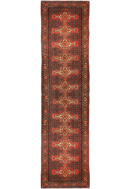 Full length Persian Senneh runner rug 3x12 hallway size red navy field with repeating medallions and floral border handmade wool