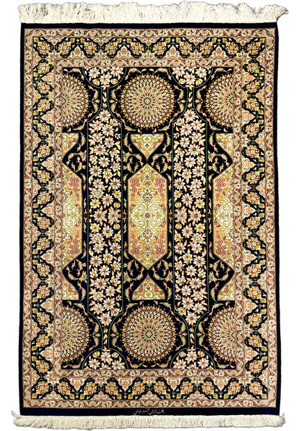Persian Qum pure silk rug full view navy field with floral panels rosette medallions ivory flowers and intricate signed border handmade 1000 KPSI