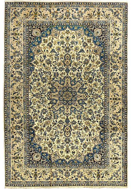 10'2 x 14'3 Persian Kashan rug full view with ivory field navy floral border and intricate central medallion handmade wool carpet from Persia