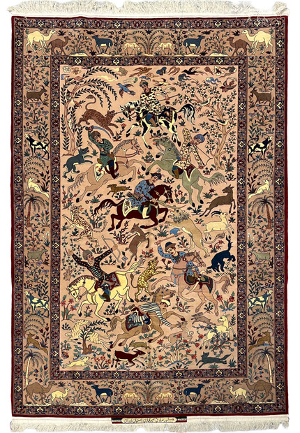 Fine 5x8 Persian Isfahan Seirafian rug with royal hunting scene on blush ground, full view