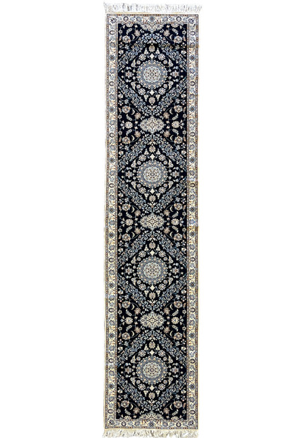 2'9x13 Persian Nain 6La navy blue ivory wool silk multi-medallion runner full view