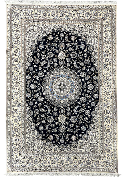 9x12 Persian Nain Habibian 6La rug hand-knotted wool silk navy ivory floral medallion full view