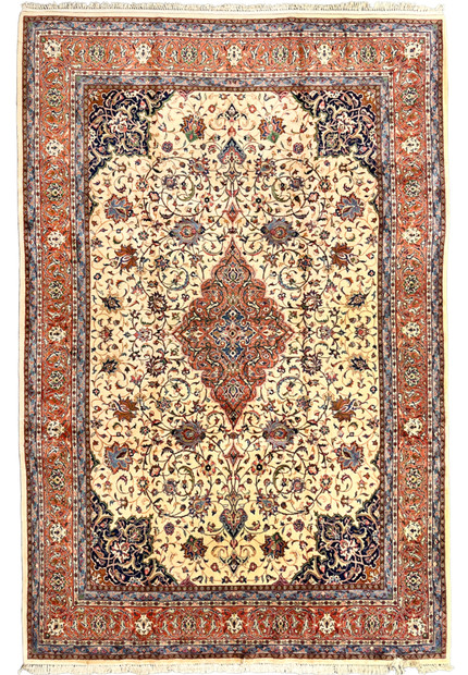9x13 Persian Sarough rug ivory field rust border floral medallion full view hand-knotted wool