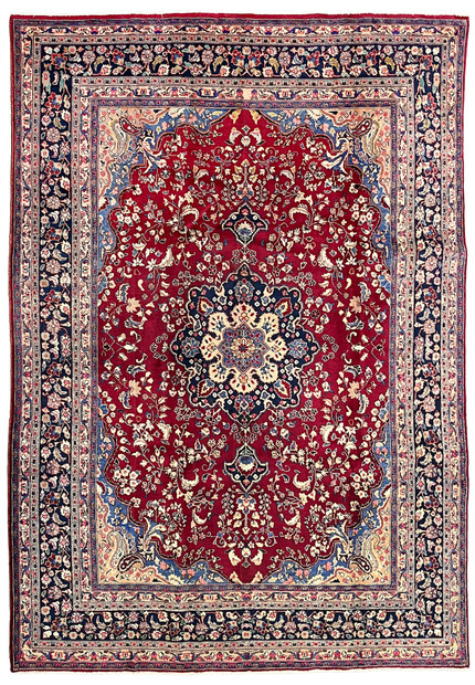 10x13 distressed antique Persian Mashad rug red field navy border floral medallion full view