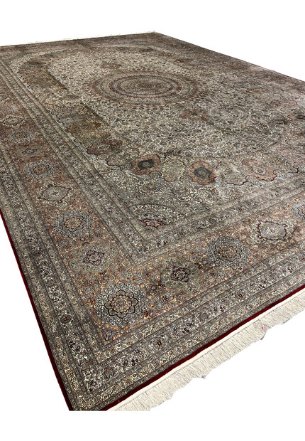 Angled view of this oversized Turkish silk rug for grand living room or ballroom, museum quality weave