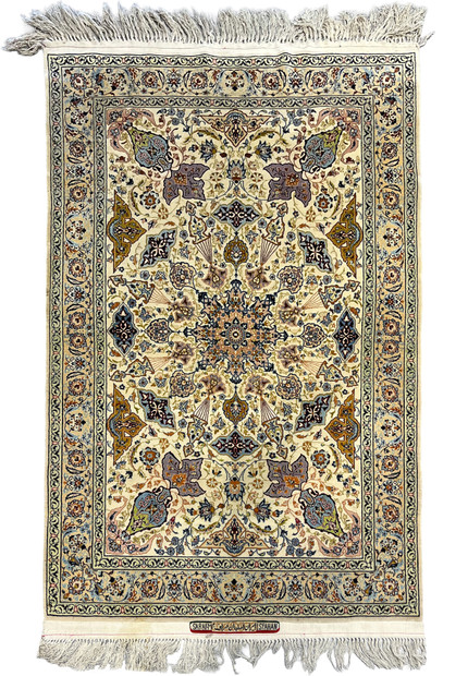 Authentic 4x6 Persian Isfahan rug signed by master weaver Sarraf Mamoury with ivory field and floral medallion