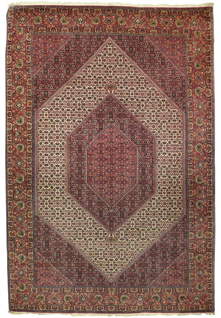 Authentic 6'9 x 9'10 Persian Bijar Bukan iron rug full view with stepped diamond medallion on ivory field
