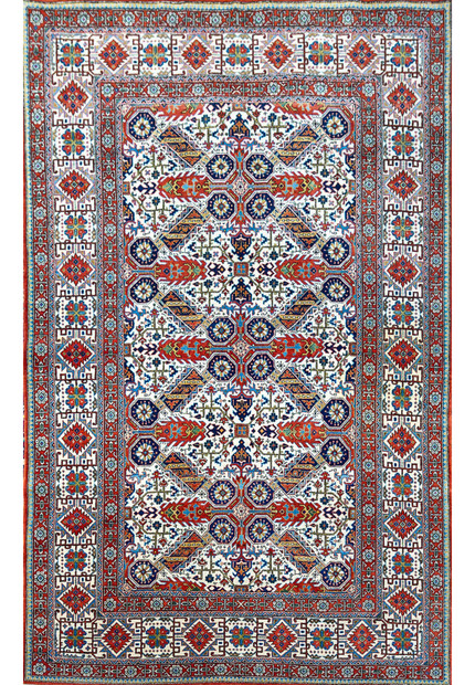 Authentic 4'5 x 7'2 Persian Qum kork wool rug full view with geometric allover tribal design on ivory field