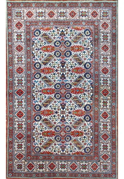 4'5" x 7'2" Persian Qum Kork Rug | Geometric Allover | Ivory and Brick Red | 400 KPSI