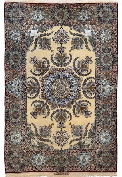 5x8 Persian Isfahan rug signed Master Ebrahimpour with snowflake medallion on ivory field, full view