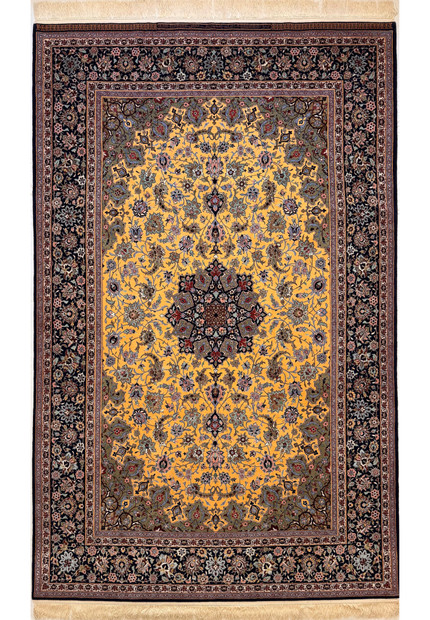 Hand-knotted 6x10 Persian Isfahan rug full view signed Haghighi, saffron yellow field with navy floral border