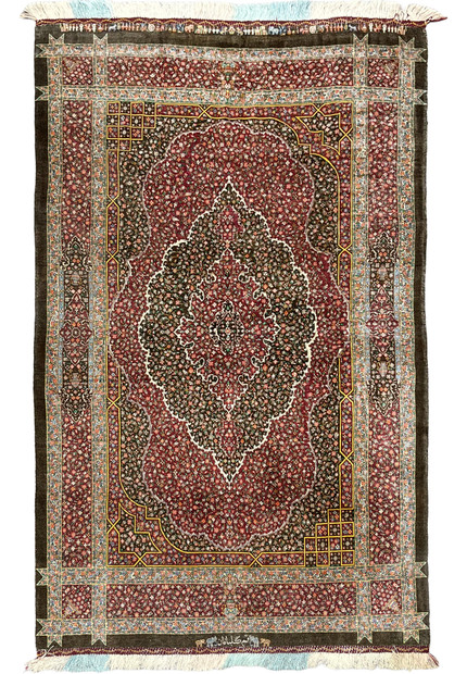 Full view of authentic hand-knotted Qum pure silk rug with thousand flower field on burgundy