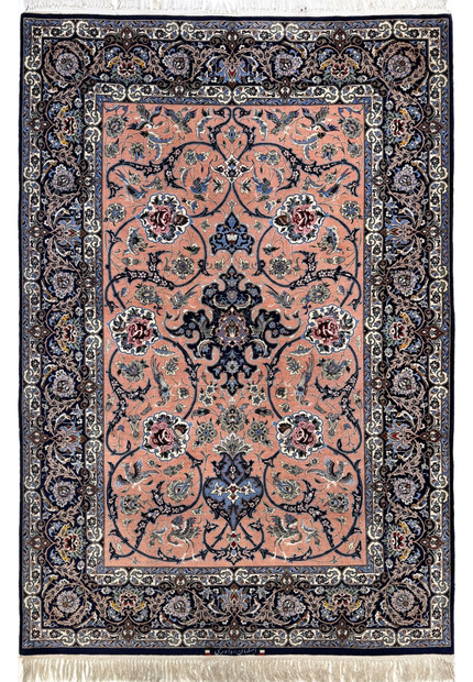 Signed Davari Persian Isfahan wool and silk rug with salmon field, rose cartouches, and paired birds framed by a navy floral main border
