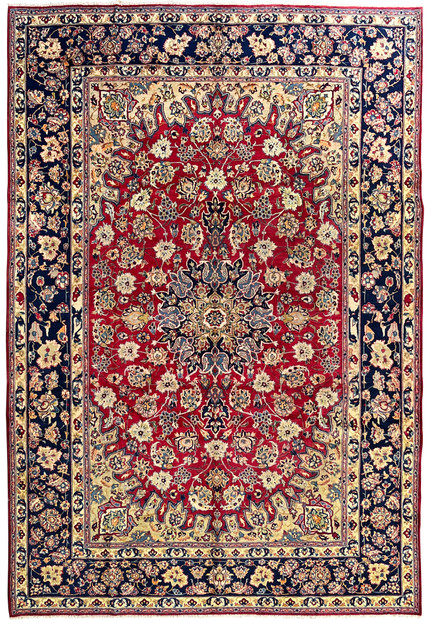 10x13 Persian Isfahan rug with Safavid medallion and corner design on deep red field and navy floral border