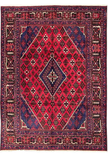 Full overhead view of authentic 10x13 Persian Meymeh rug, ivory zigzag medallion outline, navy and red, for living room