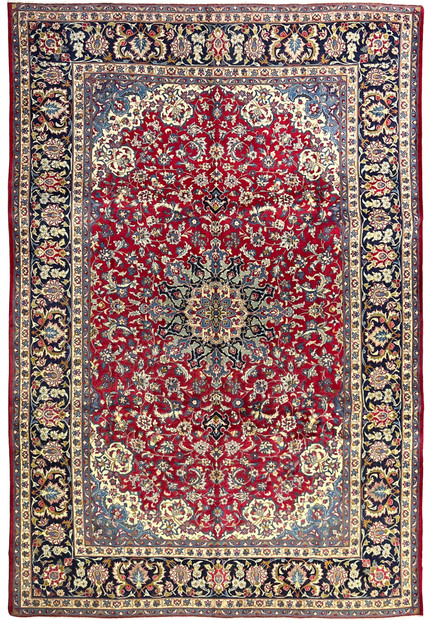 10x14 Persian Najafabad rug full view, cherry red field with star medallion, navy border, hand-knotted wool, authentic