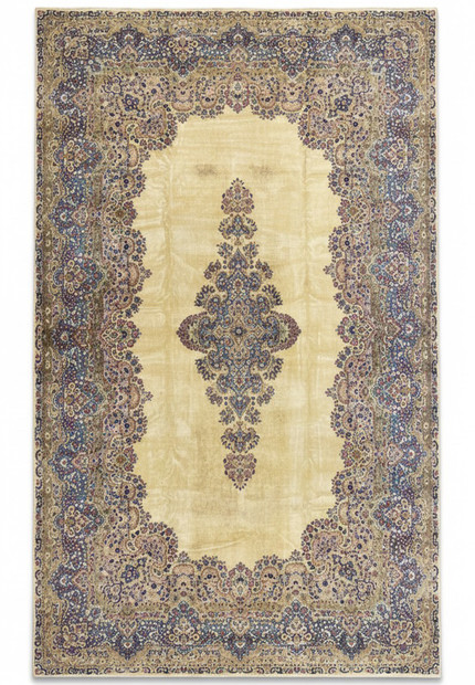 12x19 Persian Kerman rug full view, ivory open field with sky blue and rose floral medallion, hand-knotted wool
