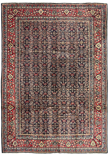 9x13 Persian Mahal rug with allover Herati pattern, deep navy field with Persian red floral border, hand-knotted wool