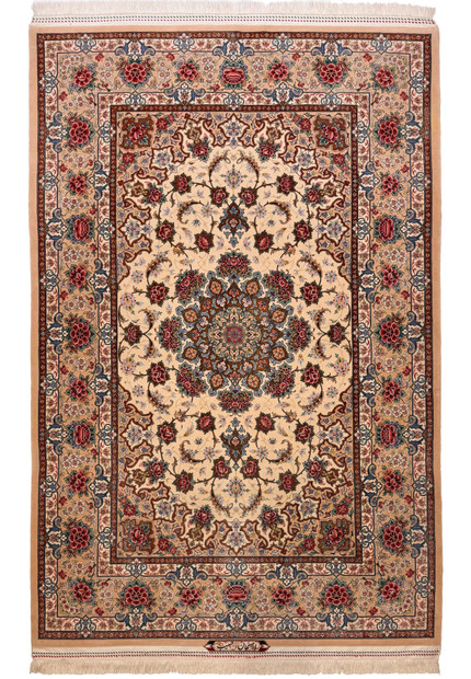 5 by 7'4 Persian Isfahan rug signed by Master Habib, full view of ivory field with peach border and rose medallion