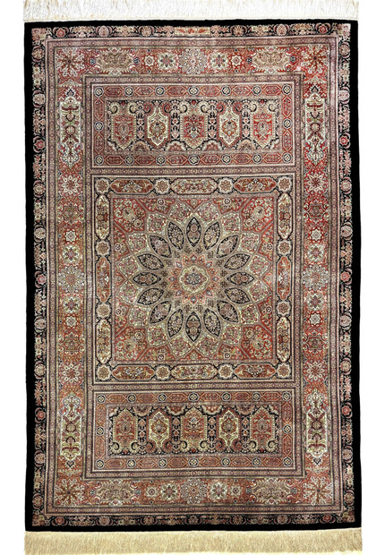 4 by 6 Persian Qum pure silk rug signed by Master Hossein Kashizadeh, dome medallion on black field