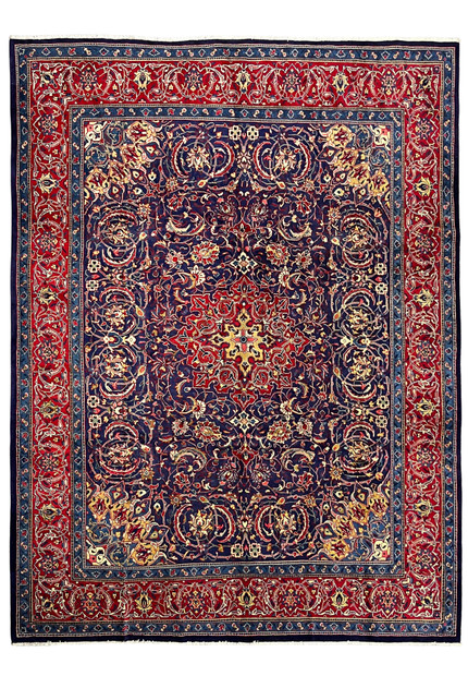 Full view of 10x13 navy Persian Mahal with red main border and ivory guard bands, handmade wool