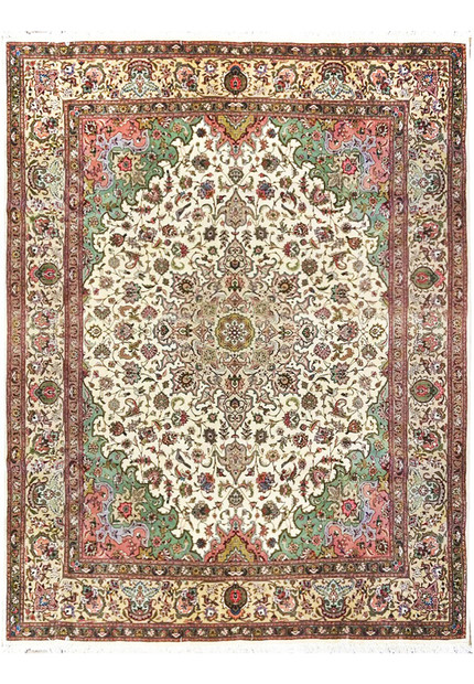 8 x 9'4 Persian Tabriz 50 raj rug, wool and silk on cotton with ivory field and mint green corner spandrels