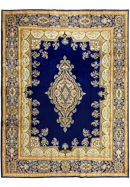 9'10 x 13'7 Persian Yazd rug full view, midnight navy field with elongated floral medallion and ivory cartouche border